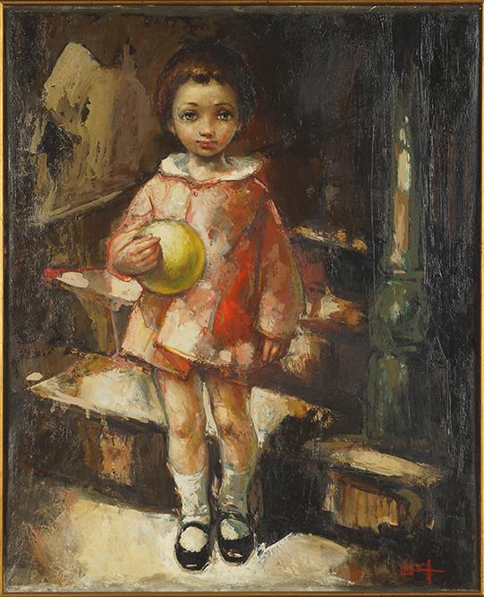Bernard Locca (French, 1926-1997) Girl with a Ball.: Bernard Locca (French, 1926-1997) Girl with a Ball. Oil on canvas laid down on board, signed lower right 29" x 23.5" Frame: 38.5" x 32.5"