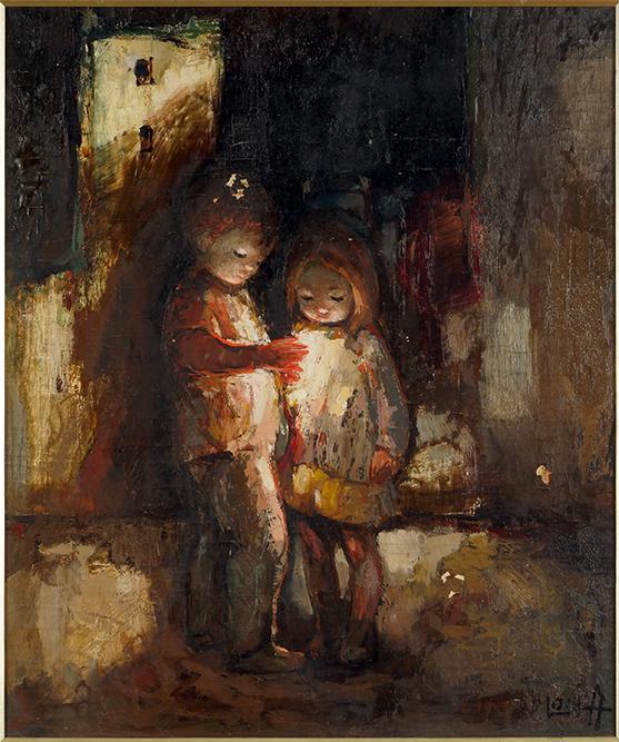 Bernard Locca (French, 1926-1997) Two Children at: Bernard Locca (French, 1926-1997) Two Children at Night. Oil on canvas, signed lower right 25" x 21" Frame: 30.5" x 26.5"