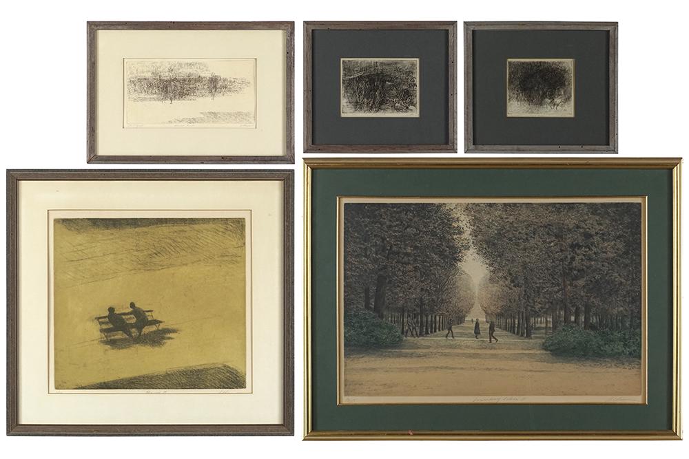 Harold Altman (American, 1924-2003) Five Prints.: Harold Altman (American, 1924-2003) Five Prints. Comprising Luxembourg, October II (edition 13/85), Bench IV (edition 3/85), Market Street (Artist's Proof), Park Bench (Artist's Proof) and Promenade (