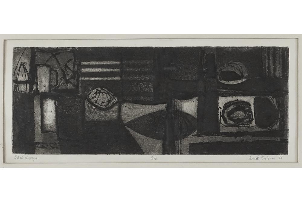 Fred Brian (American, 1924-1999) Dark Image.: Fred Brian (American, 1924-1999) Dark Image. Etching on paper. Titled lower left, numbered 5/12 lower middle and signed and dated 55 lower right Sight: 5.75" x 13.75" Frame: 11.75" x 19.5"