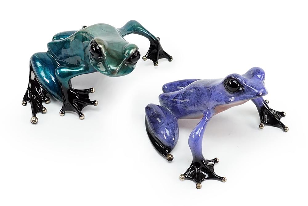 Tim Cotterill (British, B. 1950) Two Frogs.: Tim Cotterill (British, B. 1950) Two Frogs. Each is a polychrome bronze frog in teal/blue and purple. Teal frog is dated, signed and numbered "06 Tim 1069/2000 EVH 69400". Purple frog is signed, dated