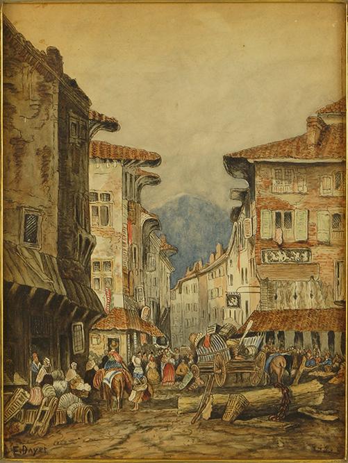 Edwin Dayes (British, 19th/20th Century) Street Market.: Edwin Dayes (British, 19th/20th Century) Street Market. Watercolor, signed lower left 11" x 8.25" Frame: 17" x 14.25"