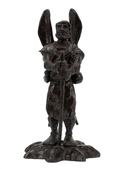 Artist Unknown (Contemporary) A Saint.: Artist Unknown (Contemporary) A Saint. Patinated bronze figure of a winged man with walking stick and vessel on his back. Signed illegibly and dated 03 along the side Height: 12"