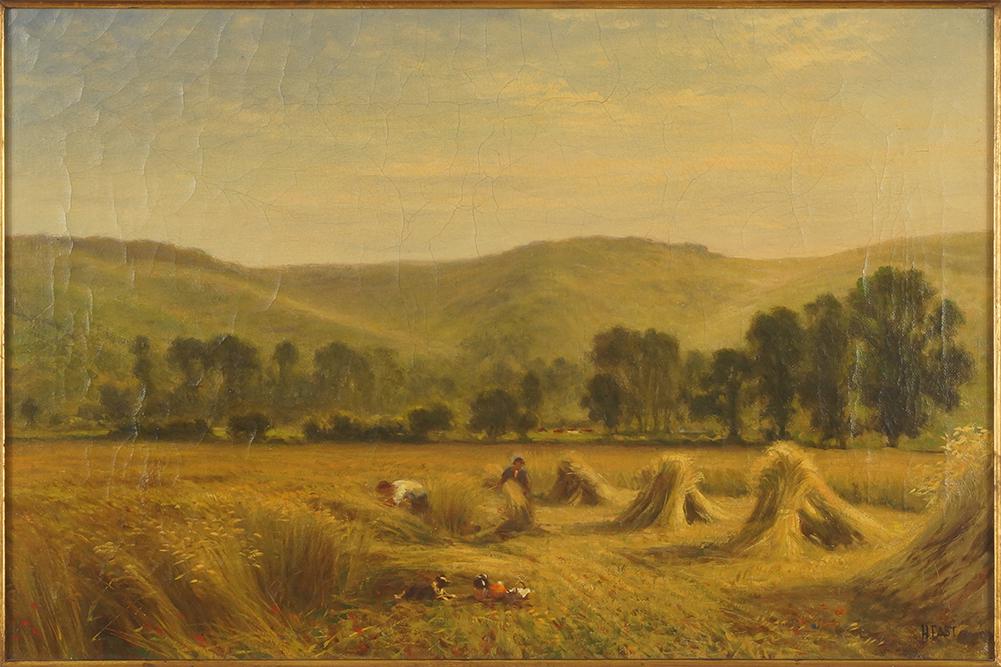 H. East (British, 19th/20th Century) Making Hay.: H. East (British, 19th/20th Century) Making Hay. Oil on canvas, signed lower right Canvas: 16" x 24" Frame: 20 1/2" x 28 1/2"