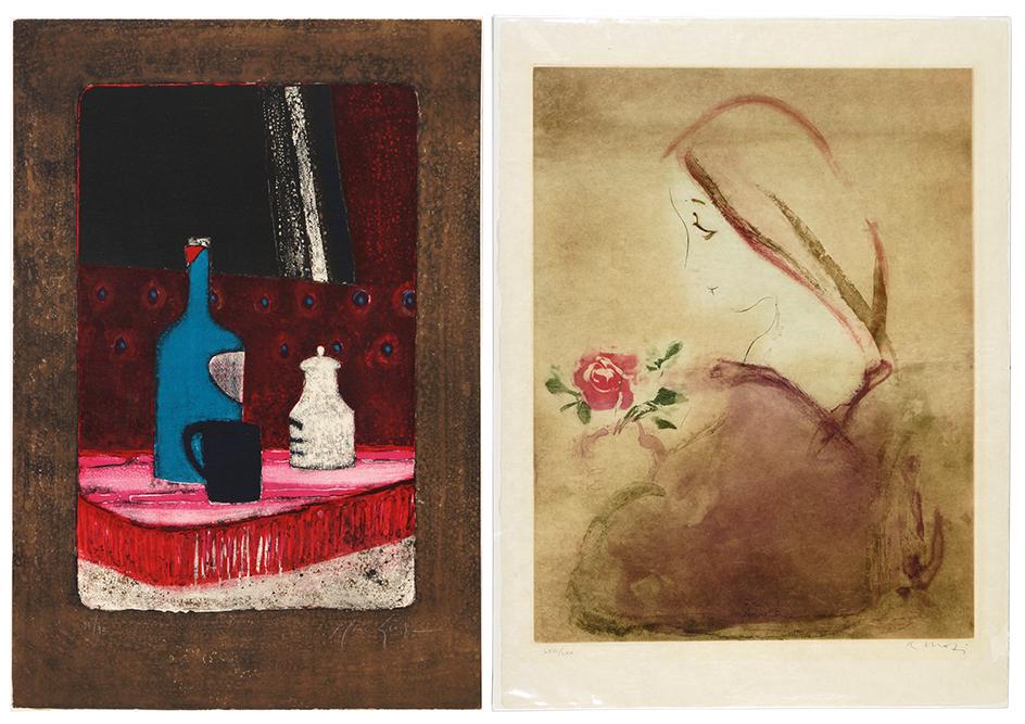 Kaiko Moti (Indian, 1921-1989) Girl with a Rose.: Kaiko Moti (Indian, 1921-1989) Girl with a Rose. Color aquatint, 1965. Pencil signed lower right and numbered LXIII/CXX, unframed. Together with a still life, color lithograph signed "Rene Schis" and