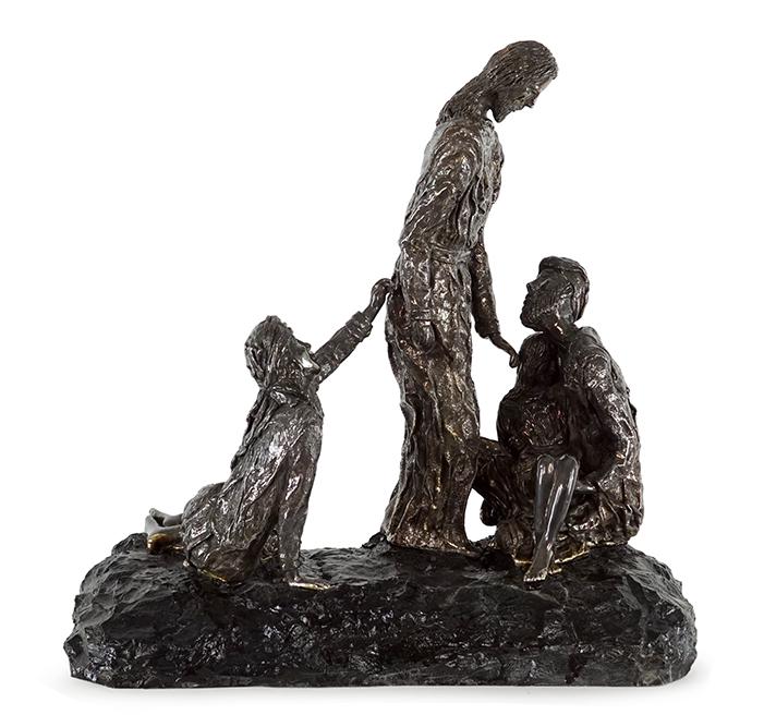 Sam Philipe (Israeli, Contemporary) Christ the Healer.: Sam Philipe (Israeli, Contemporary) Christ the Healer. Comprising three sterling silver coated figures raised on a stone base with textured finish. Underside is signed and annotated "Sam Philipe A.P."