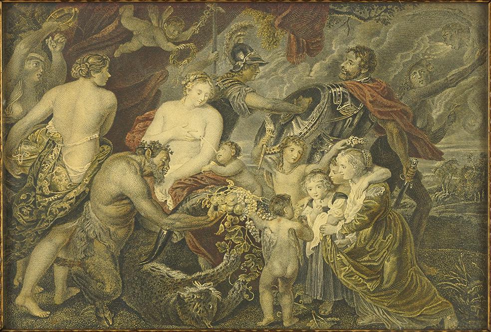 After Peter Paul Reubens (Flemish, 1577-1640) War and: After Peter Paul Reubens (Flemish, 1577-1640) War and Peace. 19th century hand-colored engraving 6" x 9" Frame: 8.5" x 11.5"