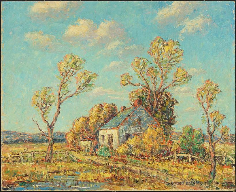 Rupert Lovejoy (American, 1885-1975) Old Farm House,: Rupert Lovejoy (American, 1885-1975) Old Farm House, Buxton, Maine. Oil on canvasboard, signed lower right; signed and titled en verso, unframed. With a pencil landscape drawing en verso 14" x 16"