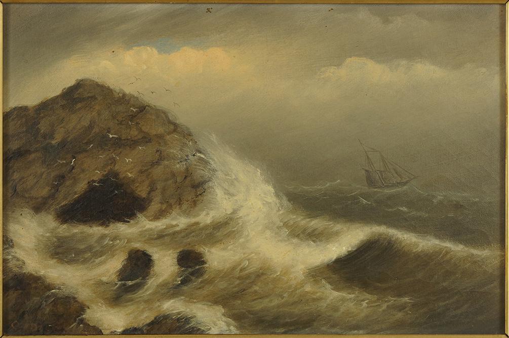 Clement Drew (American, 1806-1889) Sea Cave in a Storm.: Clement Drew (American, 1806-1889) Sea Cave in a Storm. Oil on canvas, signed lower left; signed en verso, dated 1887, and titled illegibly 8" x 12" Frame: 17.75" x 21.5"