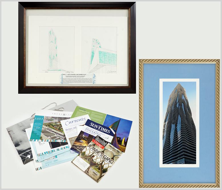 Jeanne Gang (American, B. 1964) Aqua Tower, Lake Shore: Jeanne Gang (American, B. 1964) Aqua Tower, Lake Shore East. Two color pencil drawings, each signed lower right and dated 06.07, one inscribed 'Aqua', framed together. Together with a color photograph