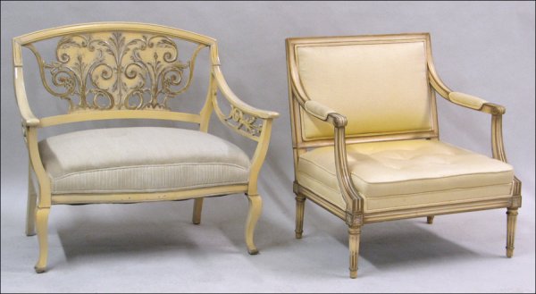 LOUIS XV STYLE PAINTED AND UPHOLSTERED BERGERE.