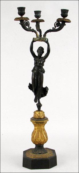 GILT AND PATINATED METAL THREE-LIGHT CANDELABRA