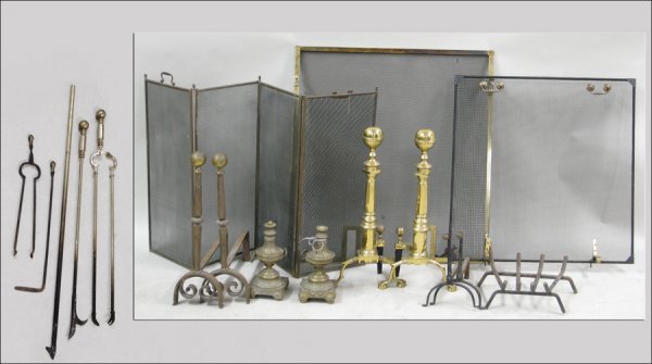 COLLECTION OF FIREPLACE TOOLS AND ACCESSORIES.