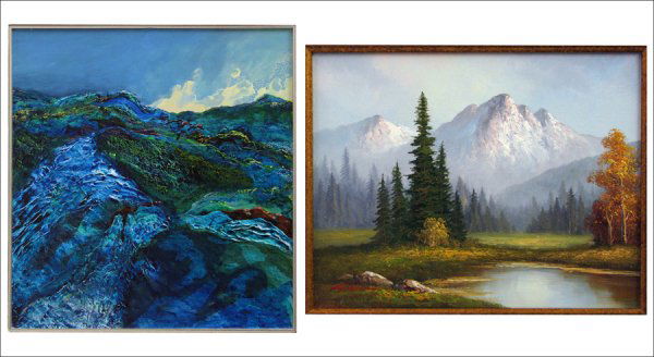 JACK JOHNSON (TWENTIETH-CENTURY) ABSTRACT LANDS: JACK JOHNSON (TWENTIETH-CENTURY) ABSTRACT LANDSCAPE. Oil on board, signed and dated 1974 LL. Together with Gibbon (Twentieth-Century) "View of the Alps", oil on canvas, signed LL (12.5"x16") *Conditio