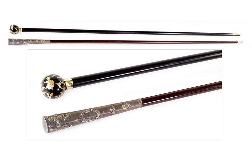 A Gilt Porcelain and Ebony Walking Stick.: A Gilt Porcelain and Ebony Walking Stick. Together with a silverplate and wood walking stick with bone ferrule (length: 36") Porcelain handled walking stick length: 36"