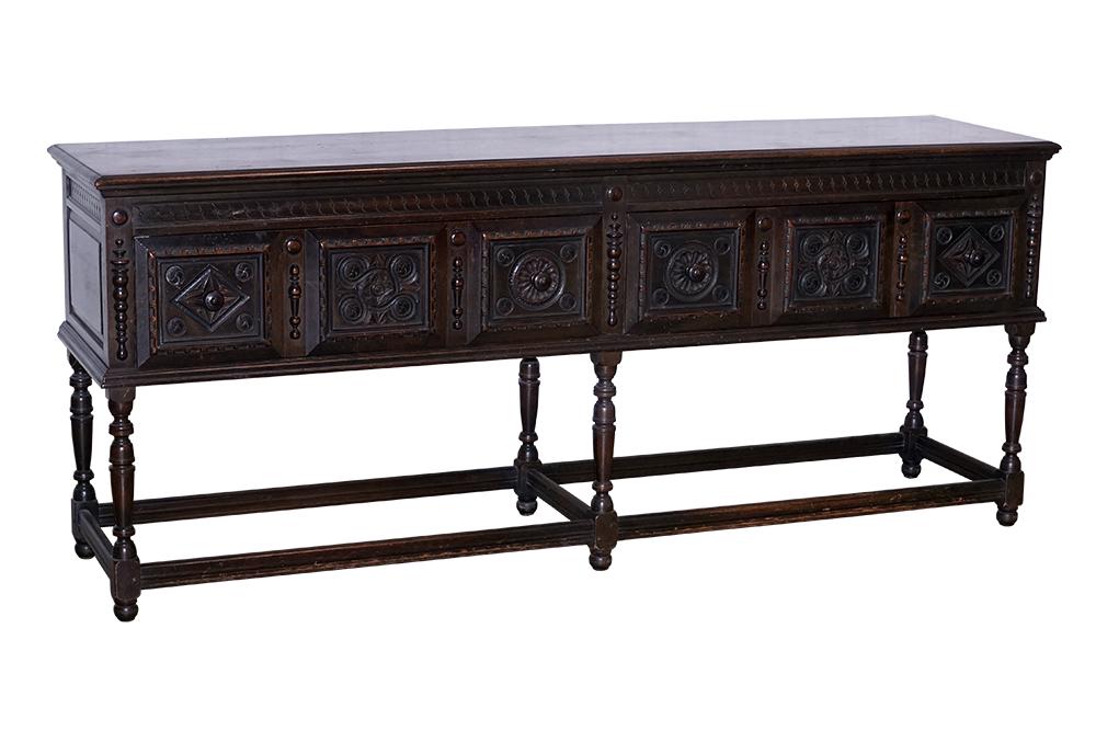 A Kittinger Carved Oak Two Drawer Sideboard.: A Kittinger Carved Oak Two Drawer Sideboard. Unlabeled 35" x 84" x 21"