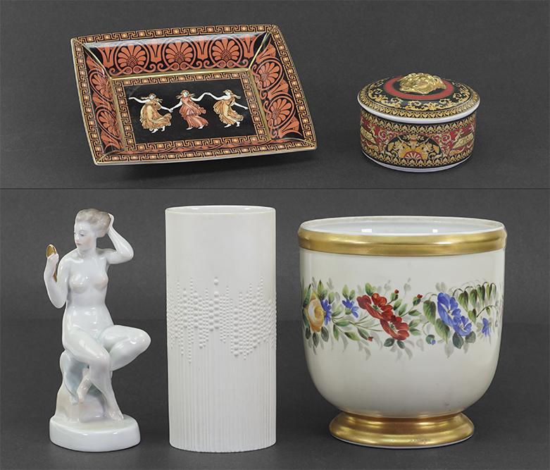 A Collection of Porcelain Decorative Items.: A Collection of Porcelain Decorative Items. Including a Wedgwood 'Etruscan Dance' tray, a Rosenthal for Versace 'Medusa' covered box, a Rosenthal vase, a Herend nude, and a Mottahedeh cache pot Herend