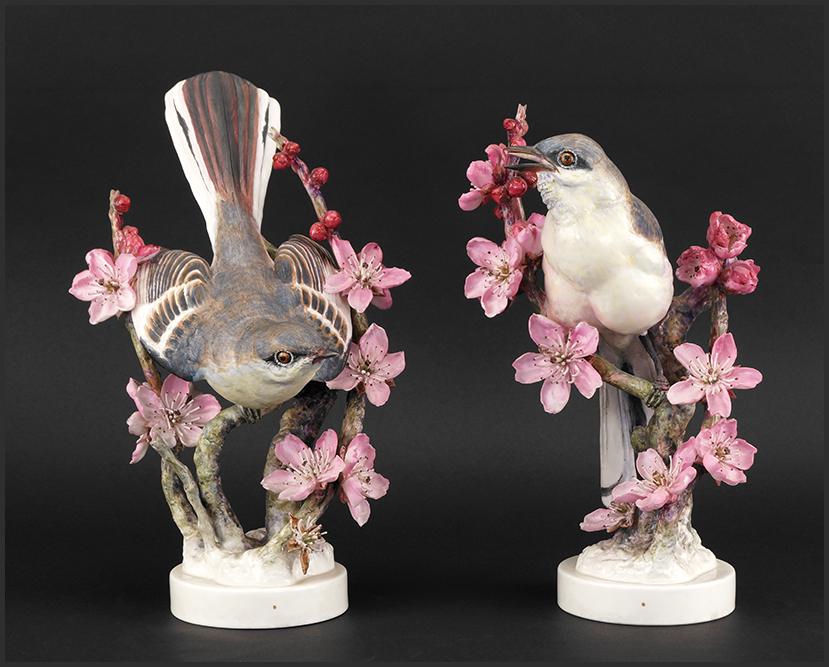 A Pair of Royal Worcester Dorothy Doughty Birds,: A Pair of Royal Worcester Dorothy Doughty Birds, Mocking Birds and Peach Blossoms. 10 3/4"