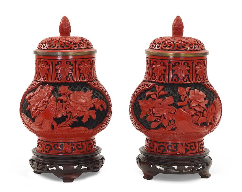 A Pair of Chinese Red and Black Cinnabar Lacquered (1 of 11)