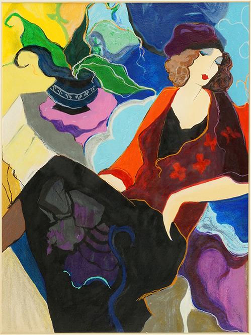 Itzchak Tarkay (Israeli, 1935-2012) Woman with Potted: Itzchak Tarkay (Israeli, 1935-2012) Woman with Potted Plant. Hand embellished color serigraph. Pencil signed lower right and numbered H.C. 15/50 Sight: 16 3/4" x 13 1/2" Frame: 23 1/2" x 19 1/2"