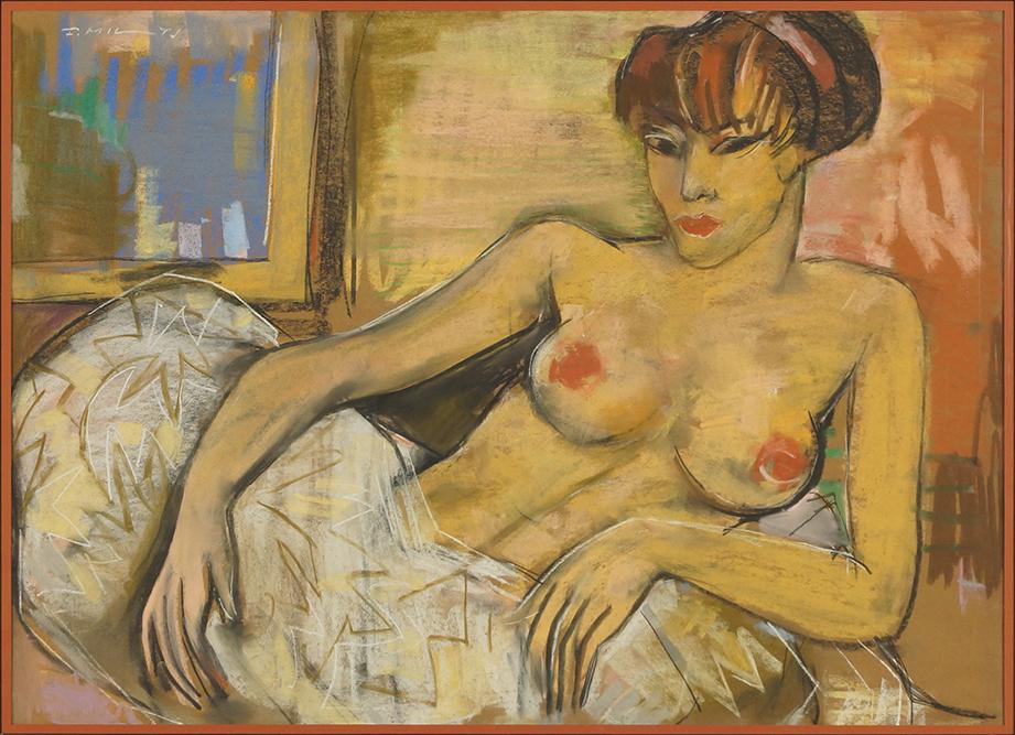 Artist Unknown (20th Century) Reclining Nude.: Artist Unknown (20th Century) Reclining Nude. Pastel on brown paper. Signed illegibly upper left Sight: 21" x 29" Frame: 30 3/4" x 38 1/2"