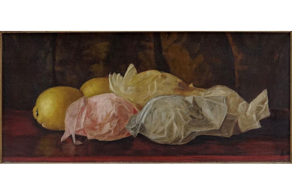 Artist Unknown (20th Century) Lemons.: Artist Unknown (20th Century) Lemons. Oil on canvas, initialed 'JB' lower right 9" x 20" Frame: 13" x 24"