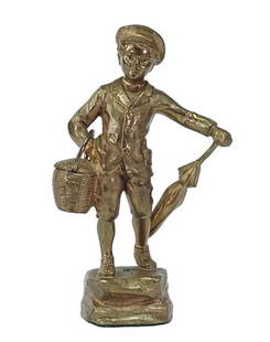 Hans Keck (German, 1875-1941) A Bronze.: Hans Keck (German, 1875-1941) A Bronze. Gilt bronze figure of a young boy holding an umbrella and basket. Signed on the reverse Height: 6"