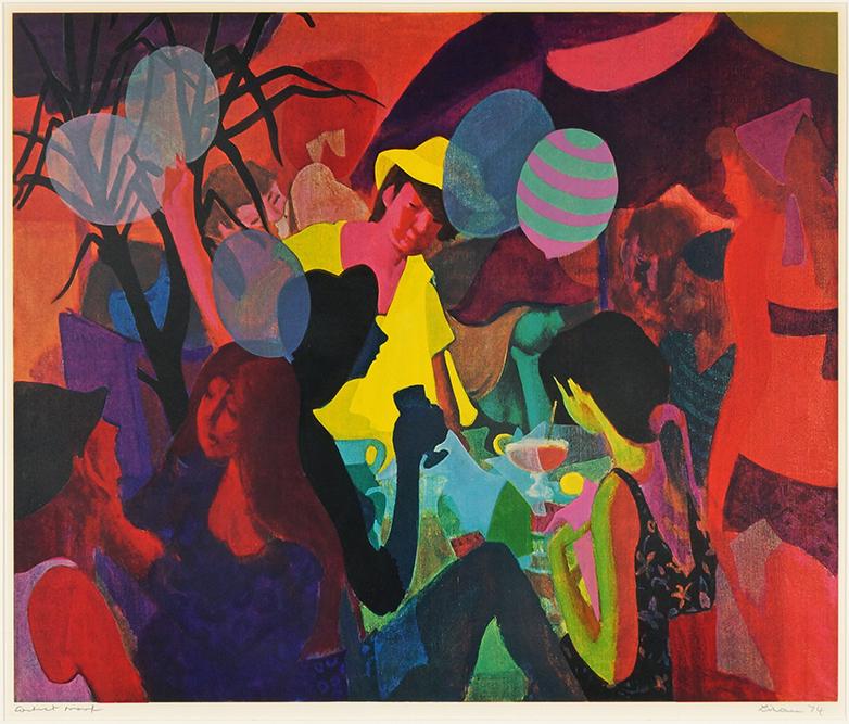 Gustav Likan (Yugoslavian, 1910-1988) Cafe Scene.: Gustav Likan (Yugoslavian, 1910-1988) Cafe Scene. Offset color lithograph, pencil signed lower right, dated 74 and inscribed Artist Proof Sight: 19" x 22 3/4" Frame: 24 1/4" x 27 3/4"