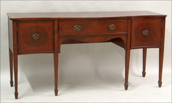 FEDERAL STYLE INLAID MAHOGANY SIDEBOARD.: FEDERAL STYLE INLAID MAHOGANY SIDEBOARD. With one key to central drawer H: 35.5" W: 72" D: 24"