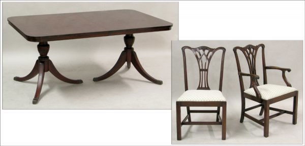 MOUNT AIRY FURNITURE CO. MAHOGANY DOUBLE-PEDEST: MOUNT AIRY FURNITURE CO. MAHOGANY DOUBLE-PEDESTAL EXTENSION DINING TABLE. With two 12" leaves. Together with a set of six Chippendale style mahogany dining chairs, including one armchair and five side