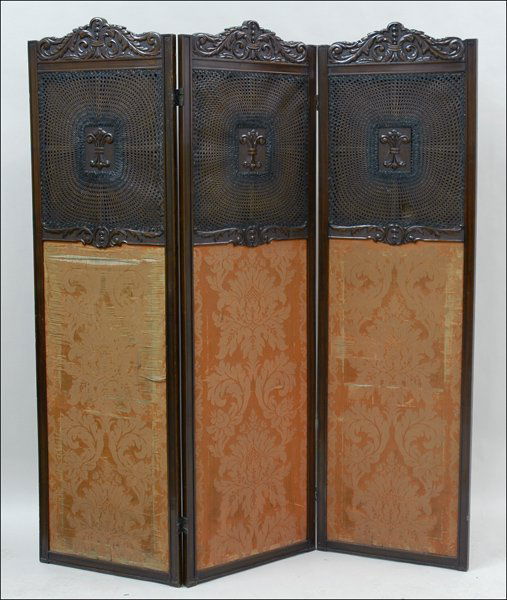 MAHOGANY AND CANED THREE PANEL FLOOR SCREEN.: MAHOGANY AND CANED THREE PANEL FLOOR SCREEN. Each Panel: 73" x 22"