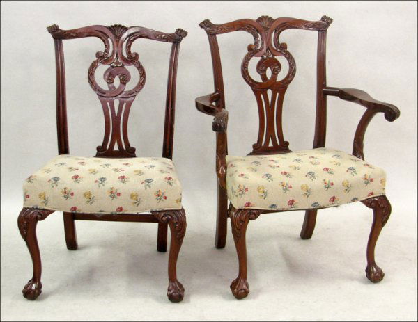 SET OF TEN SMITH WATSON CHIPPENDALE STYLE CHAIR: SET OF TEN SMITH WATSON CHIPPENDALE STYLE CHAIRS. New York, circa 1920-30. Comprised of eight side chairs and two armchairs