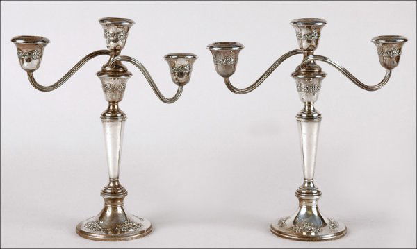 PAIR OF GORHAM STERLING SILVER WEIGHTED CANDELA: PAIR OF GORHAM STERLING SILVER WEIGHTED CANDELABRA. 11.5" x 11"