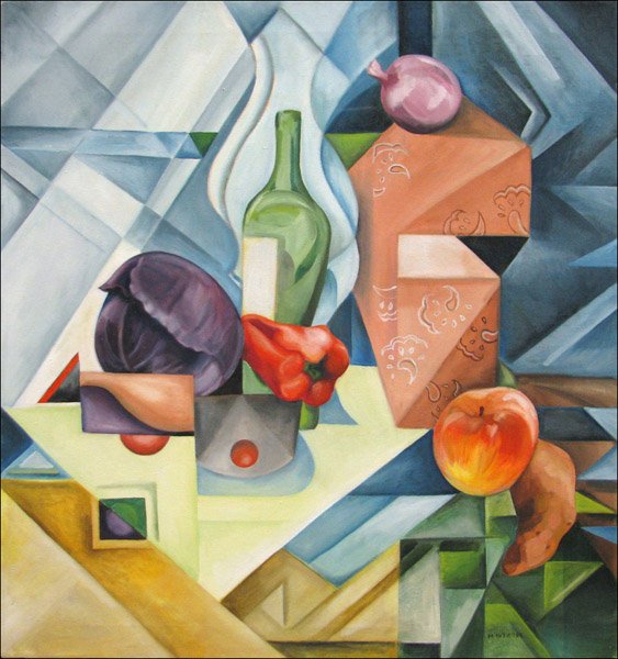 M. KATZ (20TH CENTURY) CUBIST STILL LIFE.: M. KATZ (20TH CENTURY) CUBIST STILL LIFE. Oil on canvas, signed LR, dated '88. Stretched but unframed 30" x 28"