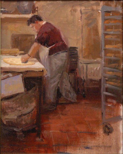 DAVID SLONIM (AMERICAN, B.1966) CUTTING THE DO: DAVID SLONIM (AMERICAN, B.1966) CUTTING THE DONUTS. Oil on canvas, signed lower left "D. Slonim"; Verso: Gallery label reading in part "Overland Gallery, Scottsdale, AZ" 16" x 20"