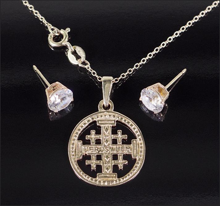 A Pair of Cubic Zirconia and 14 Karat Yellow Gold Stud: A Pair of Cubic Zirconia and 14 Karat Yellow Gold Stud Earrings. Together with a 14 karat yellow gold Jerusalem cross pendant and a gilt sterling silver necklace
