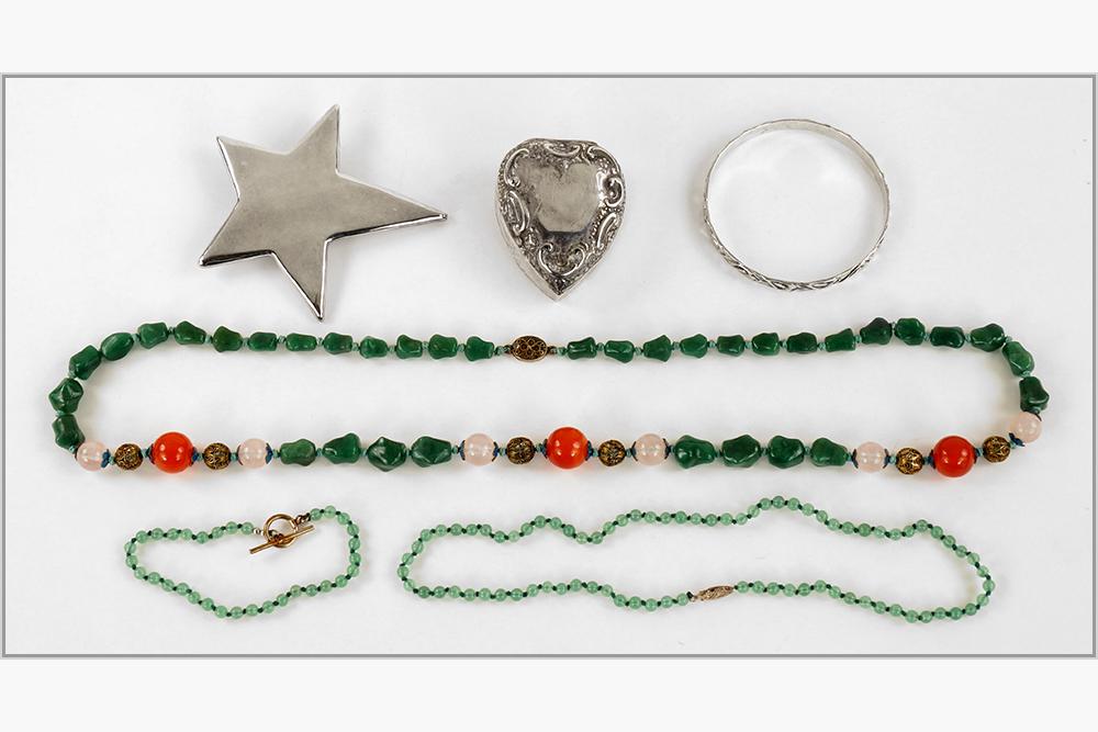 A Danefract Sterling Silver Bangle Bracelet.: A Danefract Sterling Silver Bangle Bracelet. Together with a sterling silver star pendant / brooch, an adventurine bead necklace and bracelet, an adventurine, rose quartz and carnelian bead necklace a