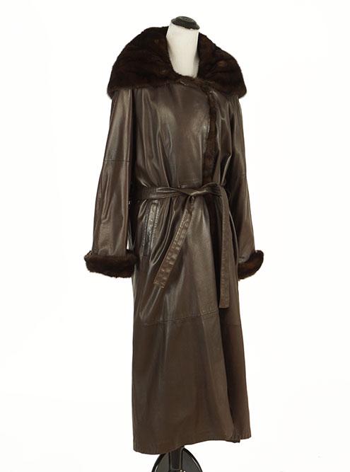 A Maximilian for Denimaxx Coat.: A Maximilian for Denimaxx Coat. Full length brown leather hooded coat is trimmed at the collar and cuffs in brown mink. With leather self belt Labeled size: Small