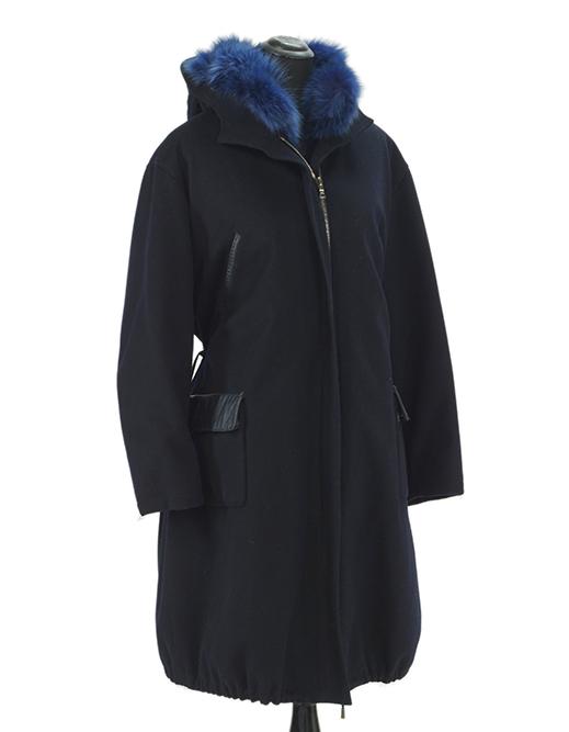 A Giuliana Teso Stadium Coat.: A Giuliana Teso Stadium Coat. Blue wool hooded stadium coat with removable blue fox lining, with a cinch waist and sweep, and zip closure Size 12/14