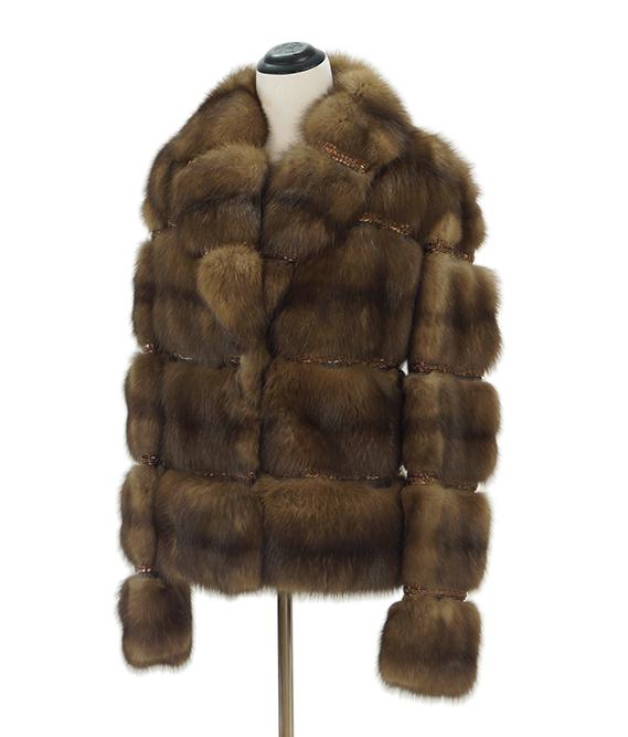 A Giuliana Teso Sable Jacket.: A Giuliana Teso Sable Jacket. Natural Russian sable horizontal pelts alternate with metallic bugle bead and seed bead panels, with shawl collar Size 48
