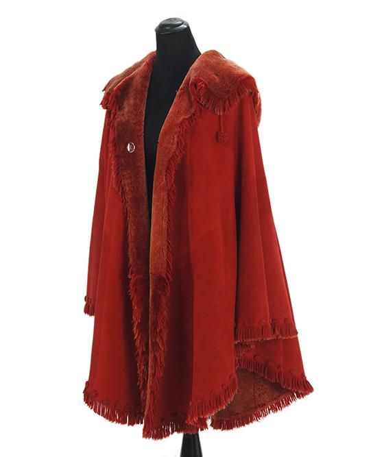 A Christia Red Shearling Hooded Cape.: A Christia Red Shearling Hooded Cape. Size 48