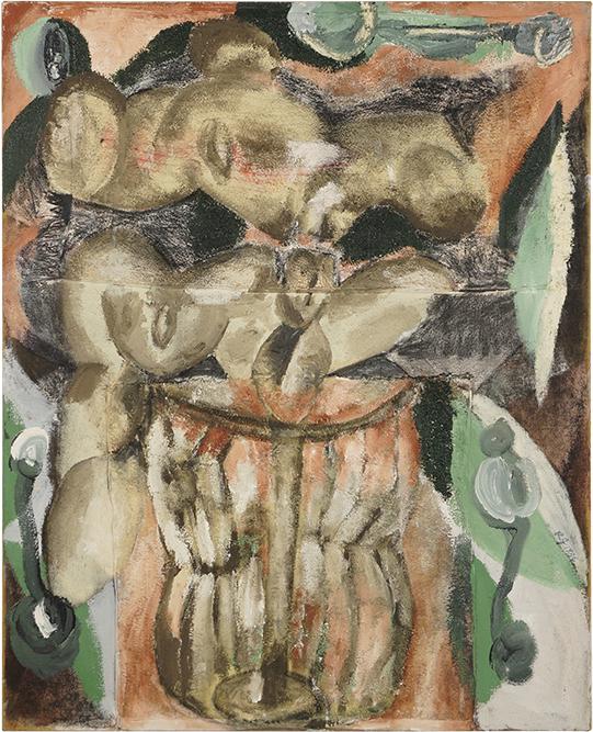 Roberto Juarez (American, B. 1952) Throw-Away Love.: Roberto Juarez (American, B. 1952) Throw-Away Love. Acrylic, charcoal, and collage on burlap, signed with initials lower right and dated '86, titled en verso, unframed. Provenance: Robert Miller Galle