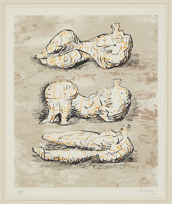 Henry Moore (British, 1898-1986) Three Reclining: Henry Moore (British, 1898-1986) Three Reclining Figures. Color lithograph, pencil signed lower right, dated '71, and numbered 36/90. Published by Edizioni d'Arte Fratelli Fabbri, Milan. Ref: Cramer 1