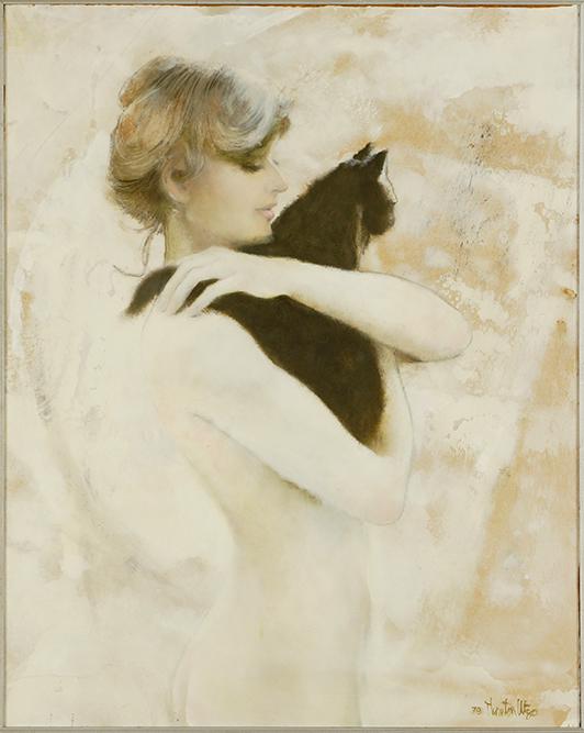 Thornton Utz (American, 1914-1999) Girl with a Cat.: Thornton Utz (American, 1914-1999) Girl with a Cat. Oil on masonite, signed lower right and dated '79 Masonite: 30" x 24" Frame: 37 1/2" x 31"