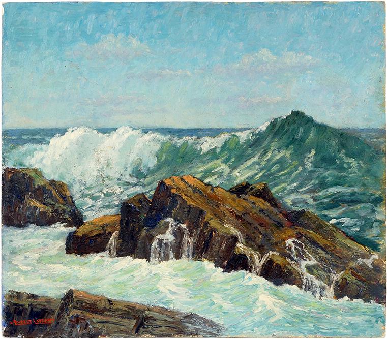 Rupert Lovejoy (American, 1885-1975) Surf-Cape: Rupert Lovejoy (American, 1885-1975) Surf-Cape Elizabeth, Maine. Oil on board laid down on masonite, signed lower left; signed, titled, and dated 1965 en verso, unframed 14" x 16"