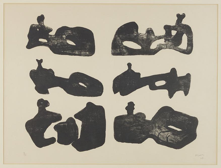 Henry Moore (British, 1898-1986) Six Reclining Figures: Henry Moore (British, 1898-1986) Six Reclining Figures Black. Lithograph, pencil signed lower right, dated '63, and numbered 14/50, published by the artist. Ref: Cramer 49 16" x 20 1/4" Frame: 26 1/2"