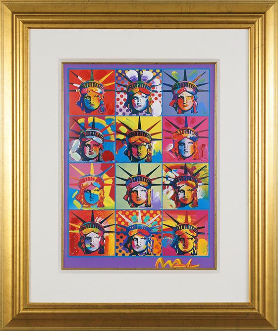 Peter Max (German-American, B. 1937) Liberty and: Peter Max (German-American, B. 1937) Liberty and Justice. Color offset lithograph, hand-embellished with acrylic paint, signed lower right 24" x 18" Frame: 38" x 32"