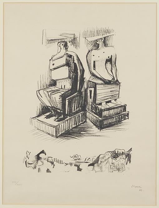 Henry Moore (British, 1898-1986) Two Seated Figures in: Henry Moore (British, 1898-1986) Two Seated Figures in Stone. Lithograph, pencil signed lower right, dated '63 and numbered XVIII/XXXV, published by Galerie Wolfgang Ketterer, Stuttgart. Ref: Cramer 5
