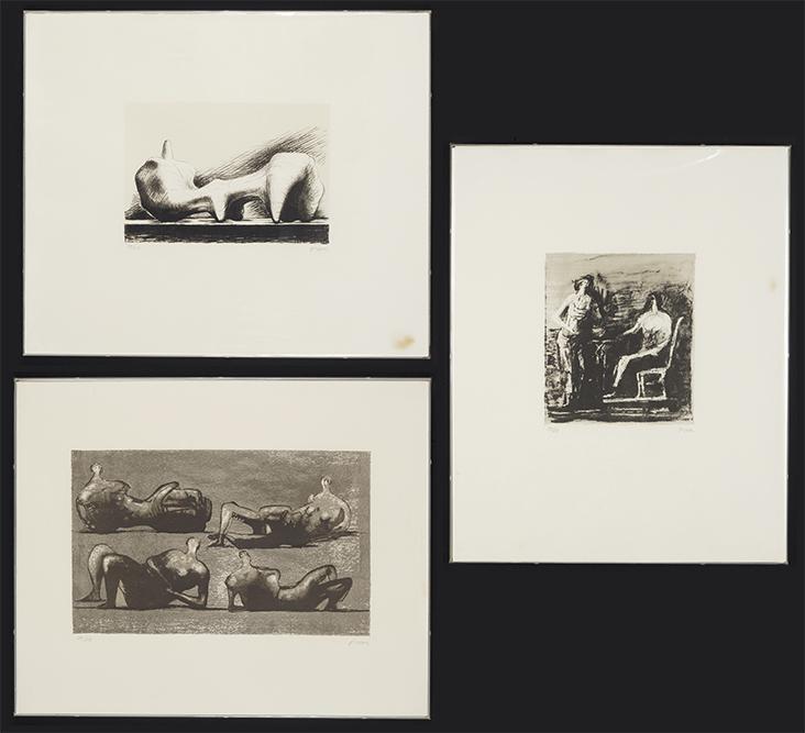 Henry Moore (British, 1898-1986) Three Lithographs.: Henry Moore (British, 1898-1986) Three Lithographs. Including 'Reclining Figure' 1974 (Cramer 346), 'Two Figures at a Table' 1975 (Cramer 370), and 'Four Reclining Figures with Architectural Backgroun