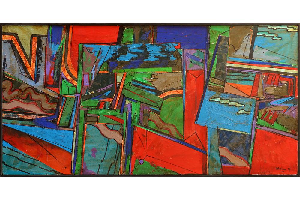 Harry Bouras (American, 1931-1990) End of a Season.: Harry Bouras (American, 1931-1990) End of a Season. Oil and collage on board, signed lower right and dated '75; also signed en verso, titled, and dated October 1975 48" x 96" Frame: 49 1/2" x 97 3/4"